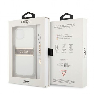 Guess GUHCP13SKB4GBR iPhone 13 mini 5,4&quot; průhledný pevný obal 4G Brown Strap Charm