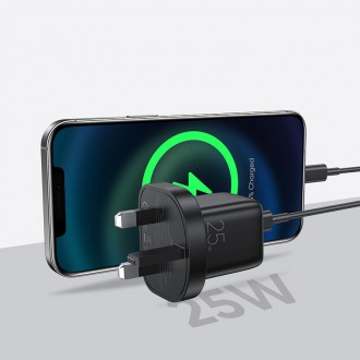 Joyroom small fast charger USB Type C PD 25W UK plug black + USB Type C - USB Type C cable (L-P251)