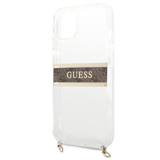 Guess GUHCP13SKC4GBGO iPhone 13 mini 5,4&quot; průhledný pevný obal 4G hnědý řemínek zlatý řetízek
