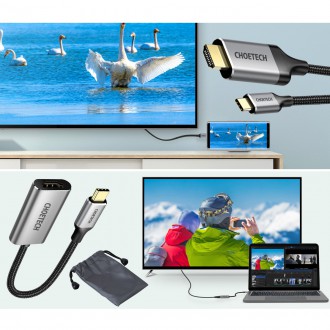 Choetech kit adapter HUB USB Type C - HDMI 2.0 (3840 x 2160 @ 60Hz) gray (HUB-H12) + USB cable Type C - HDMI (3840 x 2160 @ 60Hz) 2m gray (CH0021)