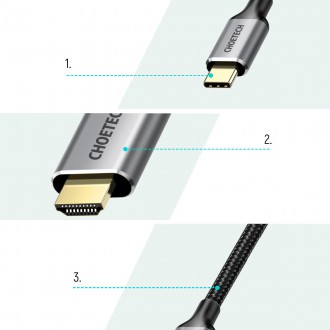 Choetech kit adapter HUB USB Type C - HDMI 2.0 (3840 x 2160 @ 60Hz) gray (HUB-H12) + USB cable Type C - HDMI (3840 x 2160 @ 60Hz) 2m gray (CH0021)