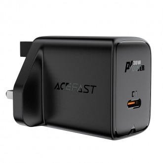 Acefast GaN charger (UK plug) USB Type C 30W, Power Delivery, PPS, Q3 3.0, AFC, FCP black (A24 UK black)