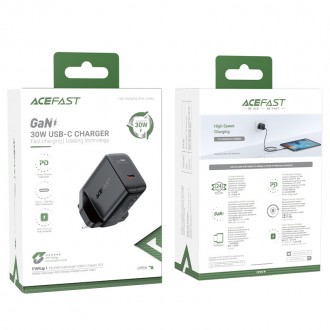 Acefast GaN charger (UK plug) USB Type C 30W, Power Delivery, PPS, Q3 3.0, AFC, FCP black (A24 UK black)