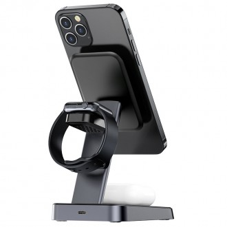 Acefast Qi Wireless Charger 15W for iPhone (with MagSafe), Apple Watch and Apple AirPods Stand Holder Magnetic Holder Black (E3 black)