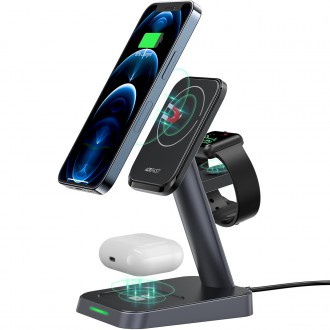 Acefast Qi Wireless Charger 15W for iPhone (with MagSafe), Apple Watch and Apple AirPods Stand Holder Magnetic Holder Black (E3 black)