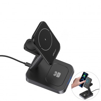 Acefast Qi Wireless Charger 15W for iPhone (with MagSafe), Apple Watch and Apple AirPods Stand Holder Magnetic Holder Black (E3 black)