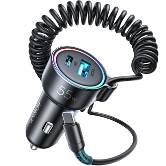 Joyroom fast car charger 3 in 1 with USB Type C cable 1.5m 55W black (JR-CL07)