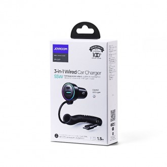 Joyroom fast car charger 3 in 1 with USB Type C cable 1.5m 55W black (JR-CL07)