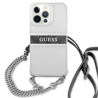 Guess GUHCP13LKC4GBSI iPhone 13 Pro / 13 6,1&quot; průhledný pevný obal 4G šedý pásek stříbrný řetízek