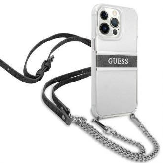 Guess GUHCP13LKC4GBSI iPhone 13 Pro / 13 6,1&quot; průhledný pevný obal 4G šedý pásek stříbrný řetízek