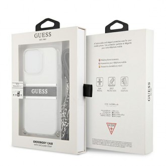 Guess GUHCP13LKC4GBSI iPhone 13 Pro / 13 6,1&quot; průhledný pevný obal 4G šedý pásek stříbrný řetízek