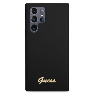 Guess GUHCS22LLSLMGBK S22 Ultra S908 černo/černé pevné pouzdro Silikonové Script Metal Logo