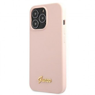 Guess GUHMP13XLSLMGLP iPhone 13 Pro Max 6,7&quot; světle růžový/světle růžový pevný obal Silikonový Script Gold Logo Magsafe