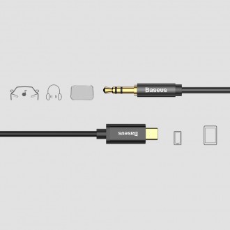 Stereo audio kabel Baseus AUX 3,5 mm mini jack - USB typu C pro tabletový telefon 120 cm černý (CAM01-01)