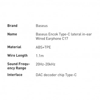 Baseus encok c17 in-ear wired headphones with usb type c microphone white (NGCR010002)