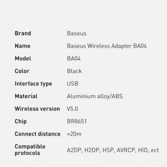 Baseus BA04 mini Bluetooth 5.0 USB adaptér přijímač vysílač pro počítač černý (ZJBA000001)