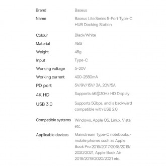 Baseus Lite Series HUB adaptér USB Typ C - HDMI / 4x USB 3.0 20 cm bílý (WKQX040002)