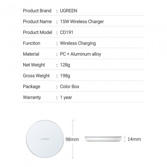 Ugreen 15W Qi wireless charger white (CD191 40122)