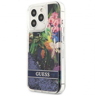 Guess GUHCP13LLFLSB iPhone 13 Pro / 13 6,1&quot; modro/modré pevné pouzdro Flower Liquid Glitter