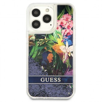 Guess GUHCP13LLFLSB iPhone 13 Pro / 13 6,1&quot; modro/modré pevné pouzdro Flower Liquid Glitter