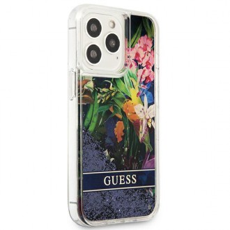 Guess GUHCP13LLFLSB iPhone 13 Pro / 13 6,1&quot; modro/modré pevné pouzdro Flower Liquid Glitter