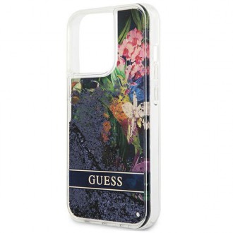 Guess GUHCP13LLFLSB iPhone 13 Pro / 13 6,1&quot; modro/modré pevné pouzdro Flower Liquid Glitter