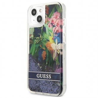 Guess GUHCP13MLFLSB iPhone 13 6,1&quot; modro/modré pevné pouzdro Flower Liquid Glitter