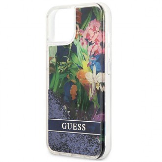 Guess GUHCP13MLFLSB iPhone 13 6,1&quot; modro/modré pevné pouzdro Flower Liquid Glitter