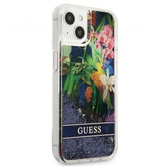 Guess GUHCP13SLFLSB iPhone 13 mini 5,4&quot; modro/modré pevné pouzdro Flower Liquid Glitter