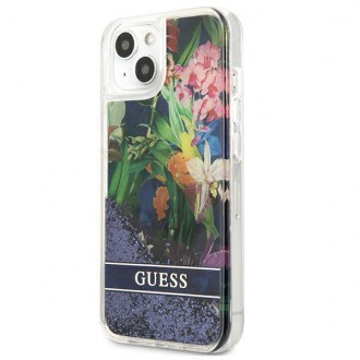 Guess GUHCP13SLFLSB iPhone 13 mini 5,4&quot; modro/modré pevné pouzdro Flower Liquid Glitter