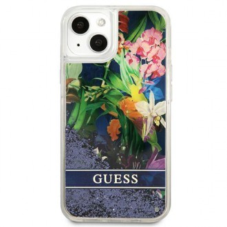 Guess GUHCP13SLFLSB iPhone 13 mini 5,4&quot; modro/modré pevné pouzdro Flower Liquid Glitter