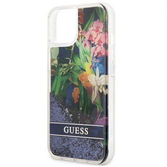 Guess GUHCP13SLFLSB iPhone 13 mini 5,4&quot; modro/modré pevné pouzdro Flower Liquid Glitter