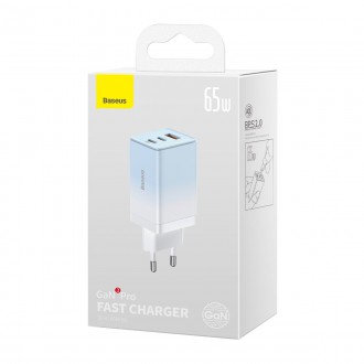 Baseus rychlonabíječka GaN 2 x USB Typ C / USB 65W QC PD modrá (CCGP050103) + rychlonabíjecí kabel USB Typ C 100W 1m modrý