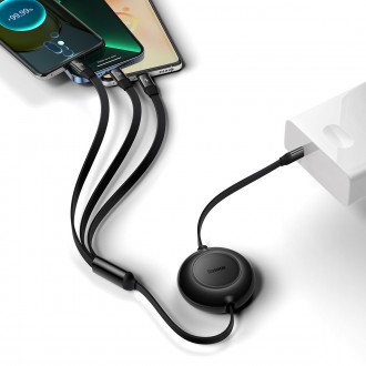Baseus Bright Mirror 2 navíjecí kabel 3v1 kabel USB Type C - micro USB + Lightning + USB Type C 3.5A 1.1m černý (CAMJ010201)