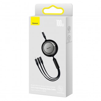 Baseus Bright Mirror 2 navíjecí kabel 3v1 kabel USB Type C - micro USB + Lightning + USB Type C 3.5A 1.1m černý (CAMJ010201)