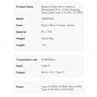 Baseus Bright Mirror 2 navíjecí kabel 3v1 kabel USB Type C - micro USB + Lightning + USB Type C 3.5A 1.1m fialový (CAMJ010205)