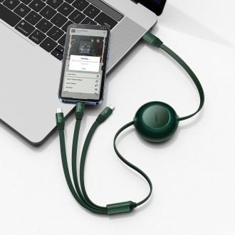 Baseus Bright Mirror 2 navíjecí kabel 3v1 kabel USB Type C - micro USB + Lightning + USB Type C 3.5A 1.1m zelený (CAMJ010206)