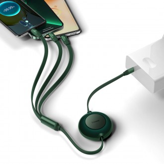 Baseus Bright Mirror 2 navíjecí kabel 3v1 kabel USB Type C - micro USB + Lightning + USB Type C 3.5A 1.1m zelený (CAMJ010206)