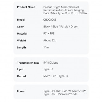 Baseus Bright Mirror 2 navíjecí kabel 3v1 kabel USB Type C - micro USB + Lightning + USB Type C 3.5A 1.1m zelený (CAMJ010206)