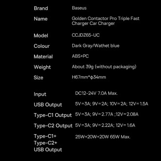 [RETURNED ITEM] Baseus Golden Contactor Pro USB-A car charger + 2x USB-C 65W blue (CGJP010003)