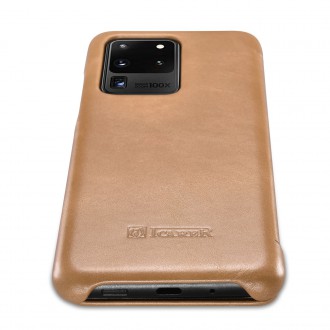 iCarer Curved Edge Vintage Folio Genuine Leather Cover Case for Samsung Galaxy S20 Ultra khaki (RS992008-GG)
