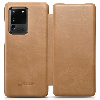 iCarer Curved Edge Vintage Folio Genuine Leather Cover Case for Samsung Galaxy S20 Ultra khaki (RS992008-GG)