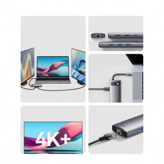 Baseus Metal Gleam Series 7-in-1 USB Type C HUB docking station - 2 x HDMI / 3 x USB 3.2 Gen. 1 / 1 x Power Delivery / 1 x RJ-45 Ethernet gray (WKWG04