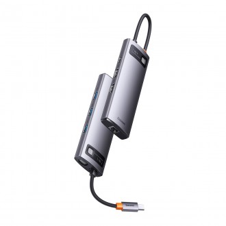 Baseus Metal Gleam Series 7-in-1 USB Type C HUB docking station - 2 x HDMI / 3 x USB 3.2 Gen. 1 / 1 x Power Delivery / 1 x RJ-45 Ethernet gray (WKWG04