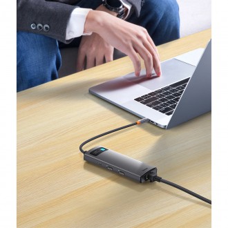 Baseus Metal Gleam Series 7-in-1 USB Type C HUB docking station - 2 x HDMI / 3 x USB 3.2 Gen. 1 / 1 x Power Delivery / 1 x RJ-45 Ethernet gray (WKWG04