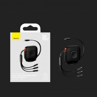 Baseus Traction Series 3 v 1 zatahovací kabel USB typu C – micro USB / USB typu C / Lightning Power Delivery 100 W 1,7 m fialová (CAQY000005)