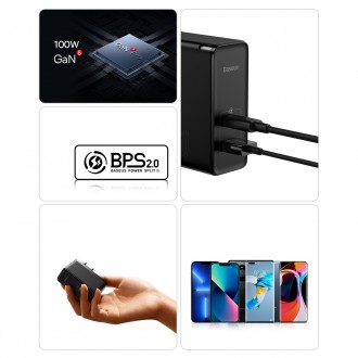 Baseus GaN5 Pro rychlá univerzální nástěnná nabíječka GaN USB Typ C / USB 100W PD3.0, QC4.0+, AFC černá (CCGP090201)