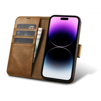 iCarer Oil Wax Wallet Case 2in1 Cover iPhone 14 Pro Anti-RFID Leather Flip Case Brown (WMI14220722-TN)