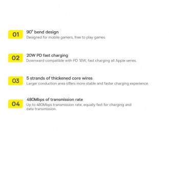 Baseus MVP 2 Koleno Pravoúhlý napájecí kabel s bočním USB Type C / Lightning Plug 1m 20W černý (CAVP000201)