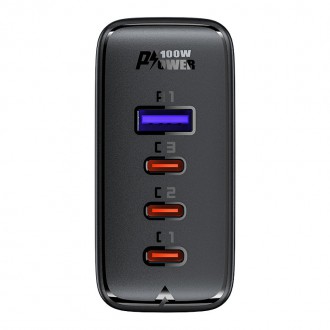Acefast rychlá nabíječka GaN 3xUSB-C/1xUSB-A 100W černá + lomený kabel USB-C - USB-C 100W 2m černý